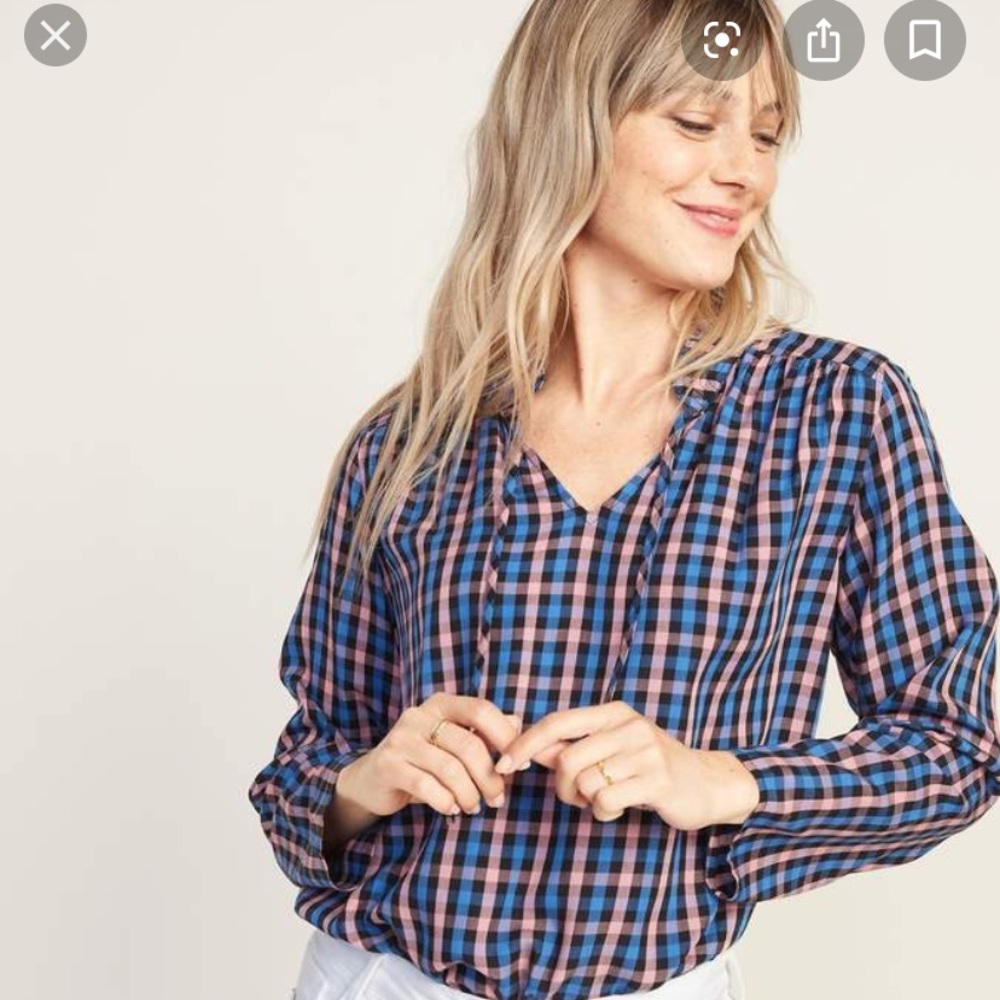 Gingham Mandarin-Collar Tie-Neck Top